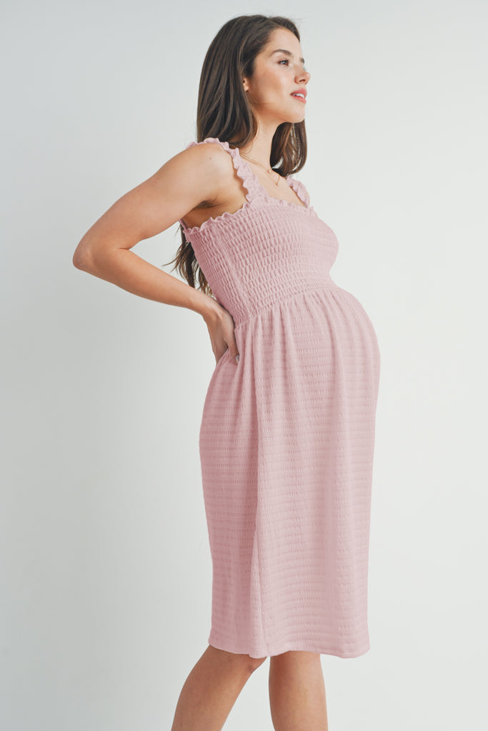 Mauve Smocked Sleeveless Square Neck Maternity Dress Side View