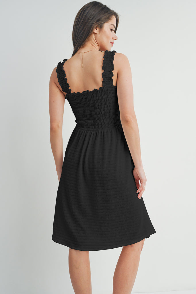 Black Smocked Sleeveless Square Neck Maternity Dress Back View