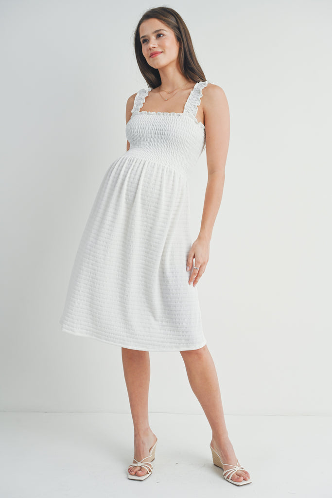 Off White Smocked Sleeveless Square Neck Maternity Dress Full Body