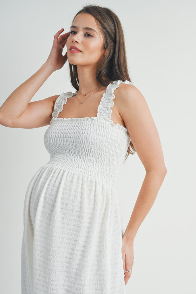 Off White Smocked Sleeveless Square Neck Maternity Dress Close Up