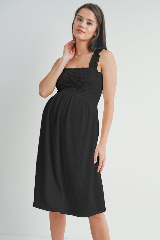 Black Smocked Sleeveless Square Neck Maternity Dress Front View