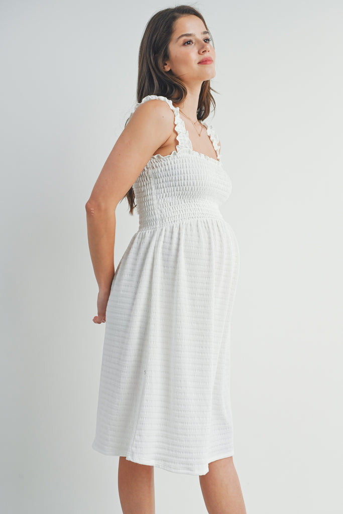 Off White Smocked Sleeveless Square Neck Maternity Dress Side View