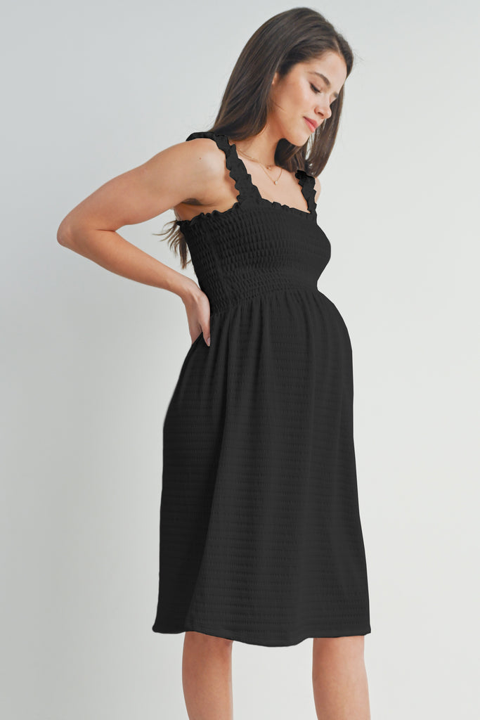 Black Smocked Sleeveless Square Neck Maternity Dress Side View