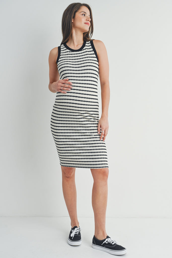 Cream Black Stripped Bodycon Maternity Tank Dress Full Body