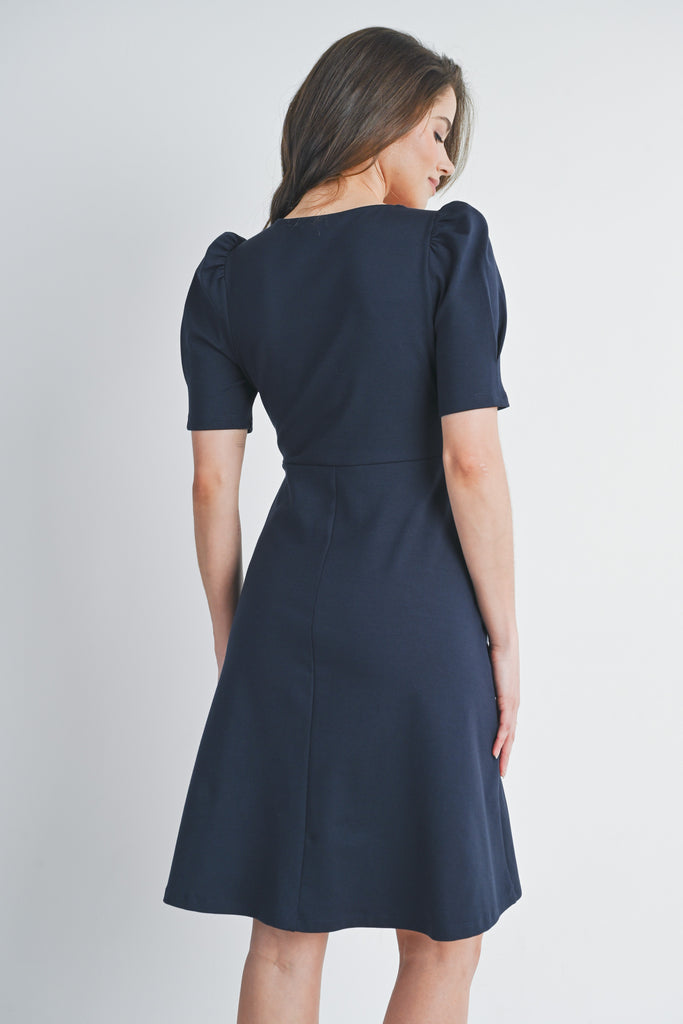 Navy V Neck Puff Short Sleeve Maternity Dress Back View