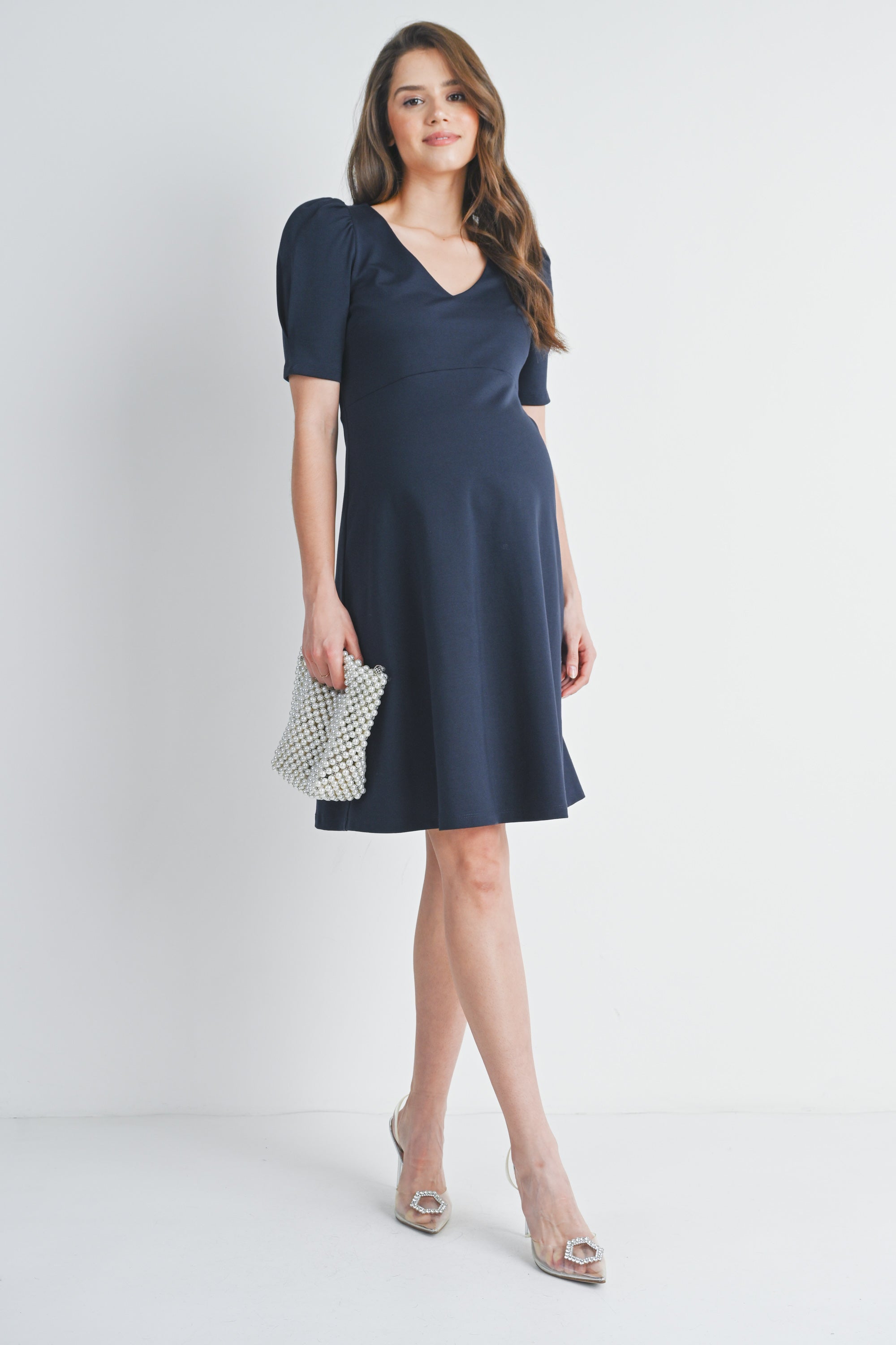 Solid V Neck Short Puff Sleeve Maternity Dress NAVY / MEDIUM Solid V Neck Short Puff Sleeve Maternity Dress NAVY / MEDIUM