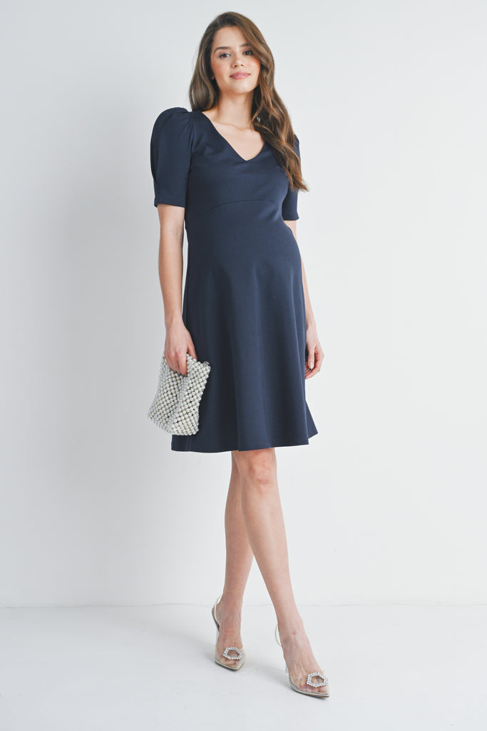 Navy V Neck Puff Short Sleeve Maternity Dress Full Body