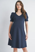 Navy V Neck Puff Short Sleeve Maternity Dress Front View