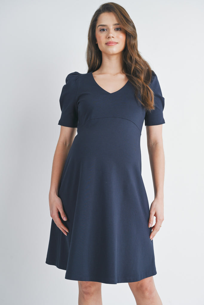 Navy V Neck Puff Short Sleeve Maternity Dress Front View
