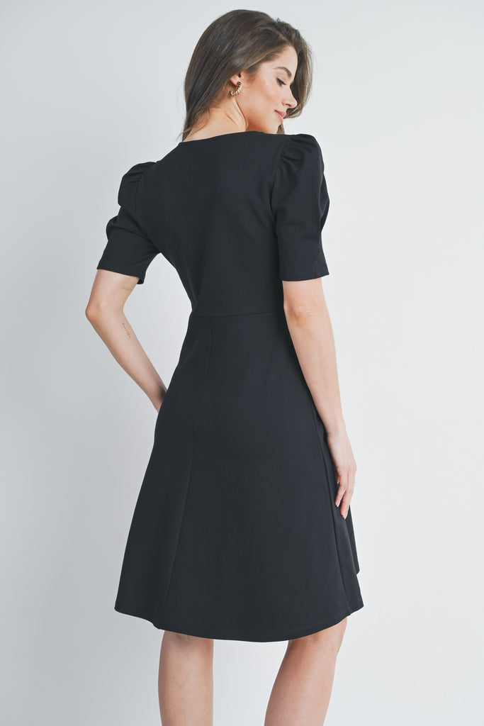 Black V Neck Puff Short Sleeve Maternity Dress Back View