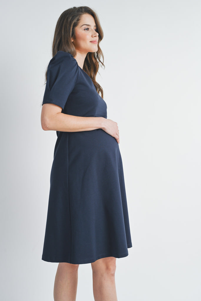 Navy V Neck Puff Short Sleeve Maternity Dress Side View