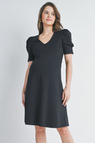 Black V Neck Puff Short Sleeve Maternity Dress Front View