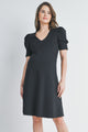 Black V Neck Puff Short Sleeve Maternity Dress Front View