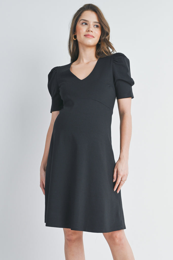 Black V Neck Puff Short Sleeve Maternity Dress Front View