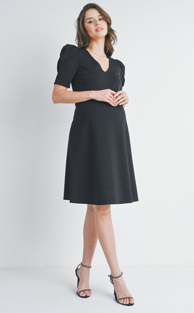 Black V Neck Puff Short Sleeve Maternity Dress Full Body