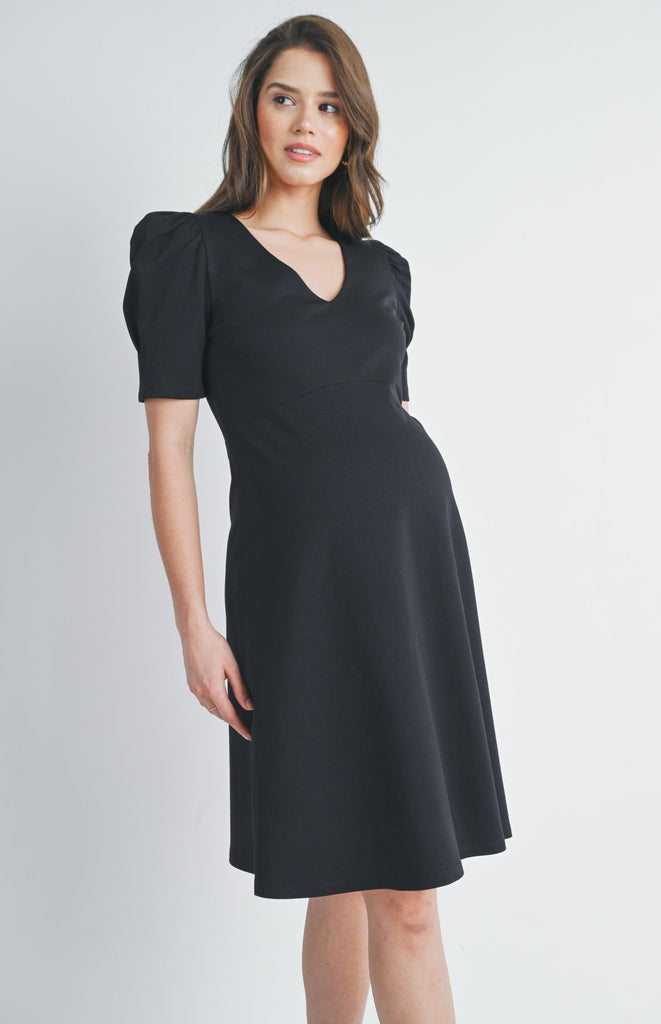 Black V Neck Puff Short Sleeve Maternity Dress Side View