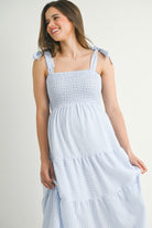 Chambray Striped Smocking Tiered Maternity Midi Dress Close Up
