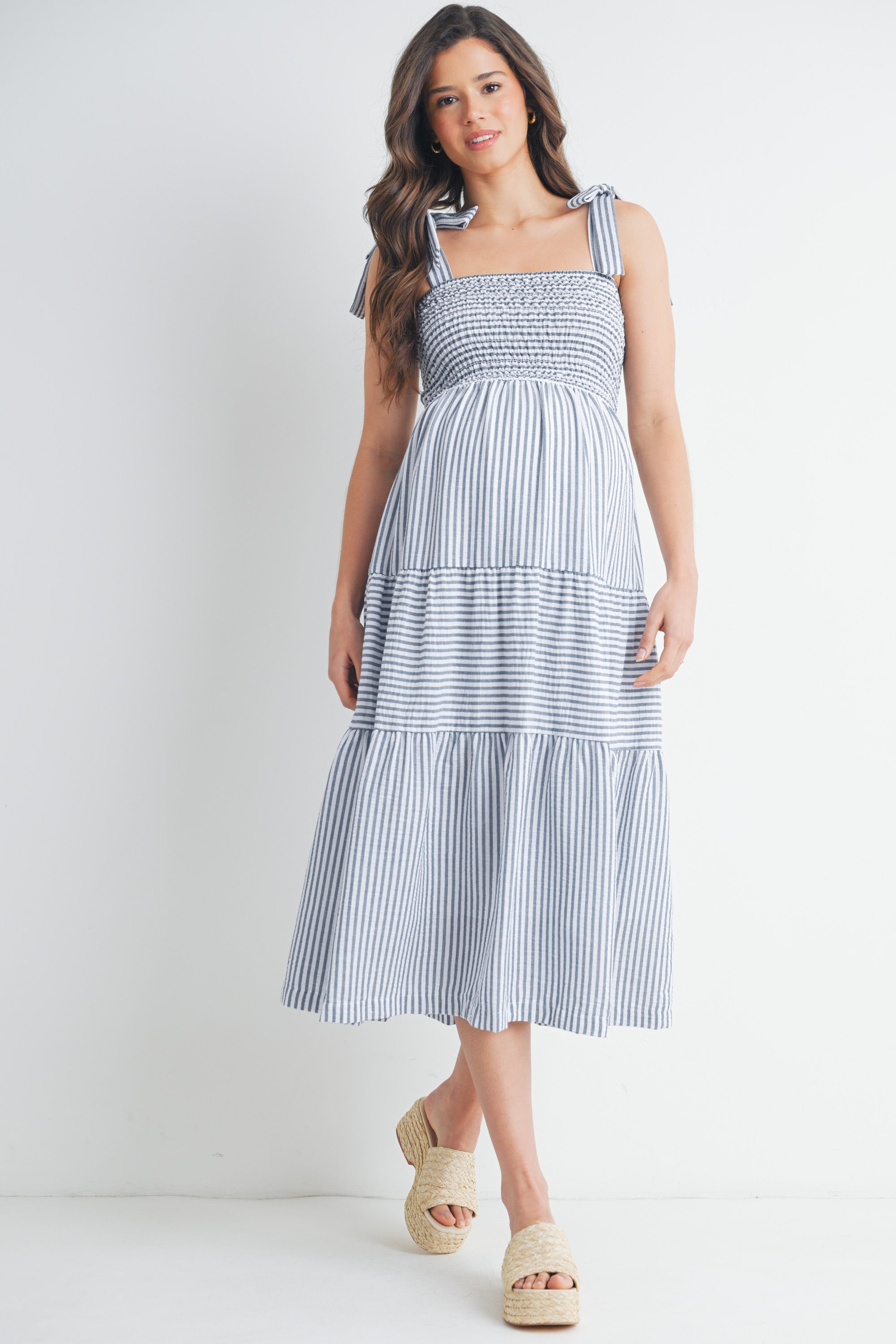 Striped Smocking Tiered Maternity Midi Dress CHAMBRAY / MEDIUM Striped Smocking Tiered Maternity Midi Dress CHAMBRAY / MEDIUM