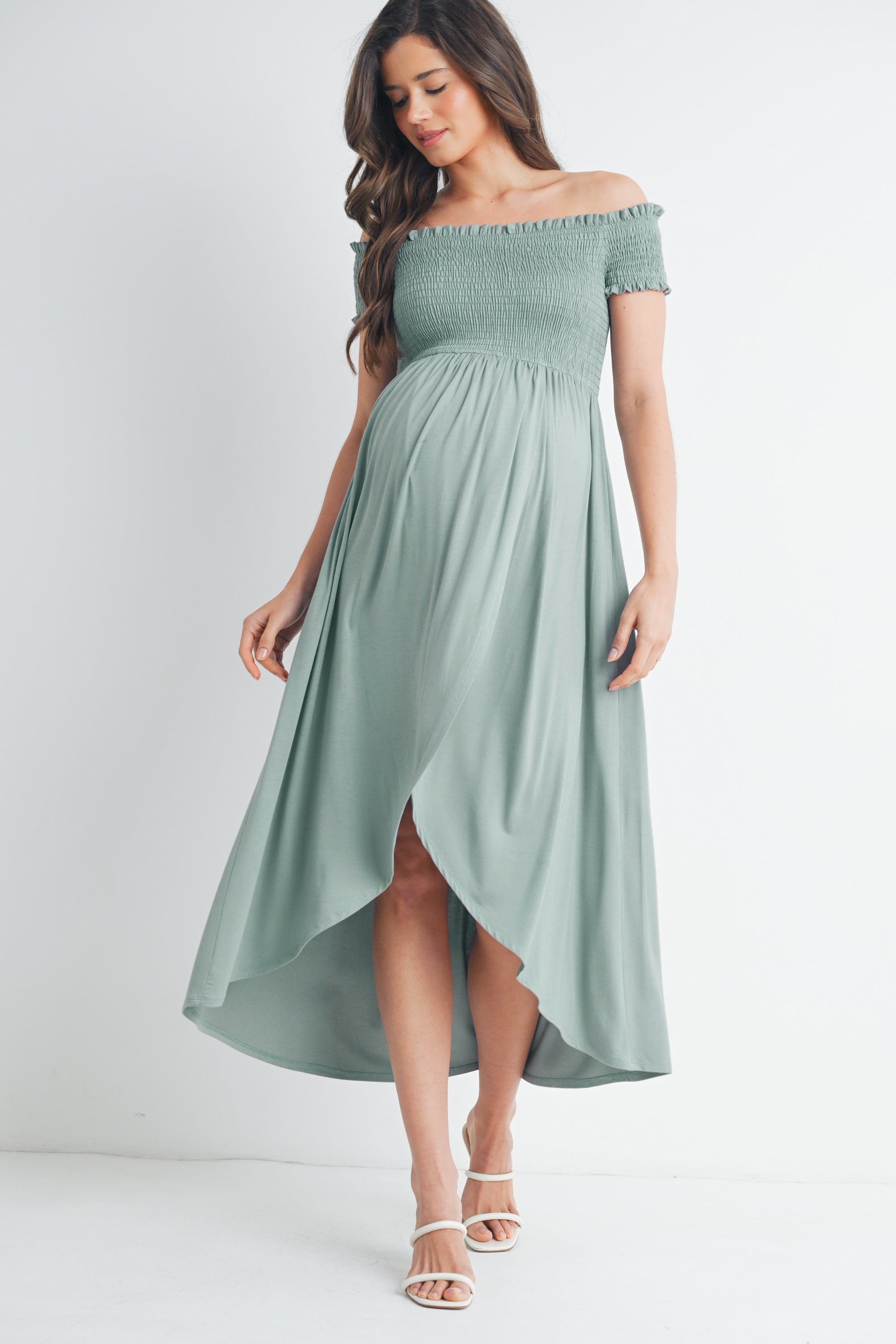 Off Shoulder Smocked Maternity Midi Dress Off Shoulder Smocked Maternity Midi Dress