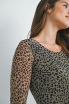 Mesh Leopard Print Round Neck Long Sleeve Maternity Midi Dress Close Up