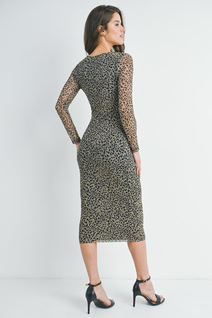 Mesh Leopard Print Round Neck Long Sleeve Maternity Midi Dress Back View