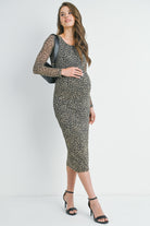 Mesh Leopard Print Round Neck Long Sleeve Maternity Midi Dress Side View