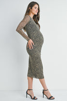 Mesh Leopard Print Round Neck Long Sleeve Maternity Midi Dress Side View