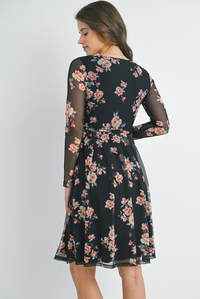 Black Floral Tie Waist Long Sleeve Square Neck Maternity Dress Back View