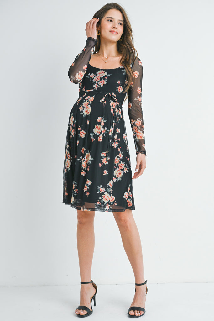 Floral Tie Waist Long Sleeve Square Neck Maternity Dress HELLO MIZ Floral Tie Waist Long Sleeve Square Neck Maternity Dress HELLO MIZ