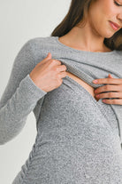 Heather Grey Ribbed Double Layer Long Sleeve Side Ruched Maternity Nursing Friendly Dress Nursing Detail
