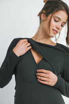 Dark Green Ribbed Double Layer Long Sleeve Side Ruched Maternity Nursing Friendly Dress Nursing Detail Close Up