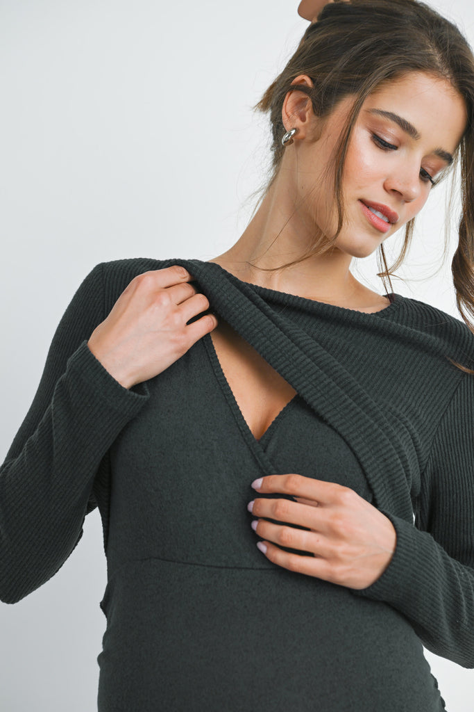 Dark Green Ribbed Double Layer Long Sleeve Side Ruched Maternity Nursing Friendly Dress Nursing Detail Close Up