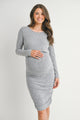 Heather Grey Ribbed Double Layer Long Sleeve Side Ruched Maternity Nursing Friendly Dress Front View