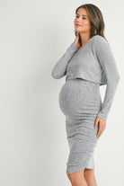 Heather Grey Ribbed Double Layer Long Sleeve Side Ruched Maternity Nursing Friendly Dress Side View