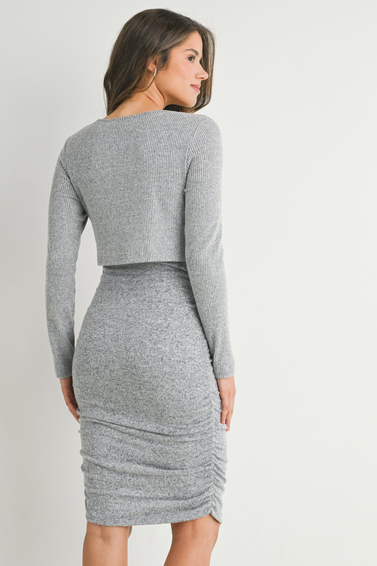 Heather Grey Ribbed Double Layer Long Sleeve Side Ruched Maternity Nursing Friendly Dress Back View