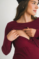 Burgundy Ribbed Double Layer Long Sleeve Side Ruched Maternity Nursing Friendly Dress Nursing Detail Close Up