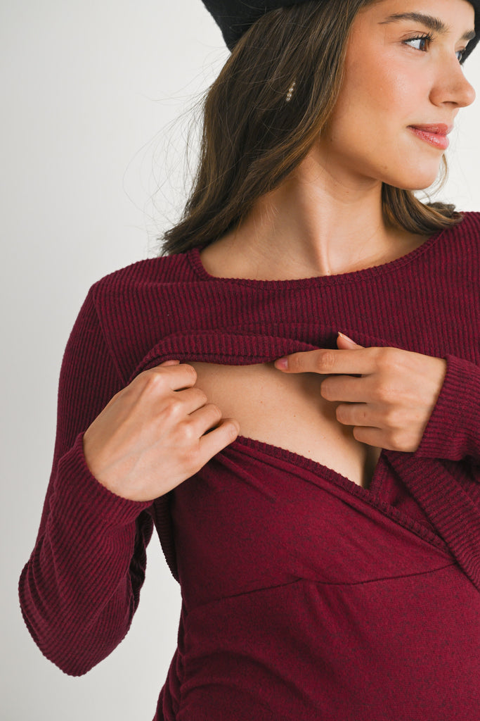 Burgundy Ribbed Double Layer Long Sleeve Side Ruched Maternity Nursing Friendly Dress Nursing Detail Close Up