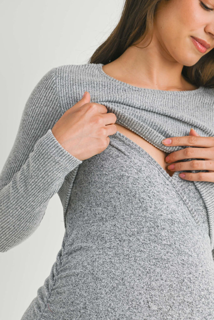 Heather Grey Ribbed Double Layer Long Sleeve Side Ruched Maternity Nursing Friendly Dress Nursing Detail
