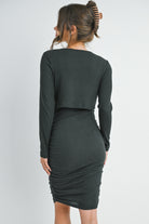 Dark Green Ribbed Double Layer Long Sleeve Side Ruched Maternity Nursing Friendly Dress Back View