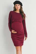 Burgundy Ribbed Double Layer Long Sleeve Side Ruched Maternity Nursing Friendly Dress Front View