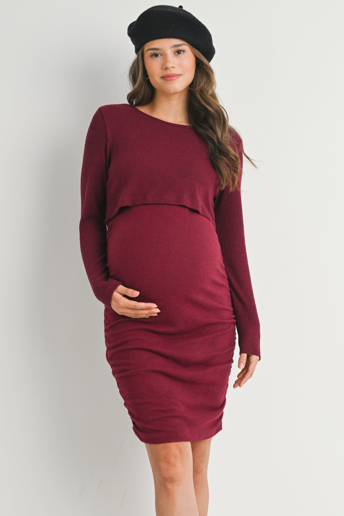 Burgundy Ribbed Double Layer Long Sleeve Side Ruched Maternity Nursing Friendly Dress Front View
