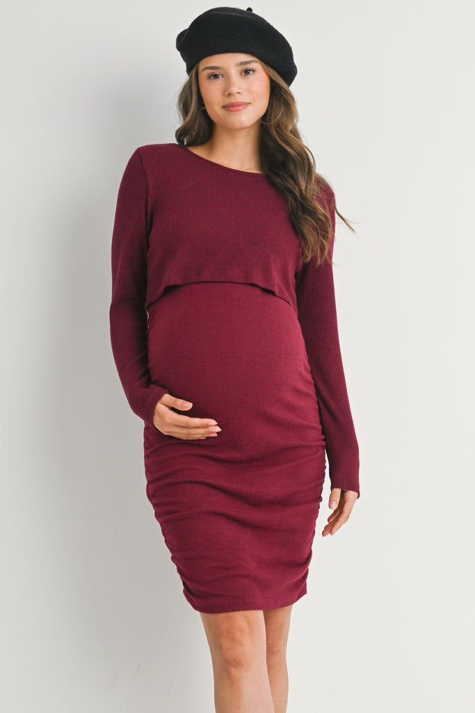 Burgundy Ribbed Double Layer Long Sleeve Side Ruched Maternity Nursing Friendly Dress Front View