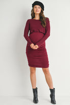 Burgundy Ribbed Double Layer Long Sleeve Side Ruched Maternity Nursing Friendly Dress Full Body View