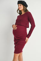 Burgundy Ribbed Double Layer Long Sleeve Side Ruched Maternity Nursing Friendly Dress Side View