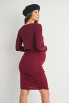 Burgundy Ribbed Double Layer Long Sleeve Side Ruched Maternity Nursing Friendly Dress Back View