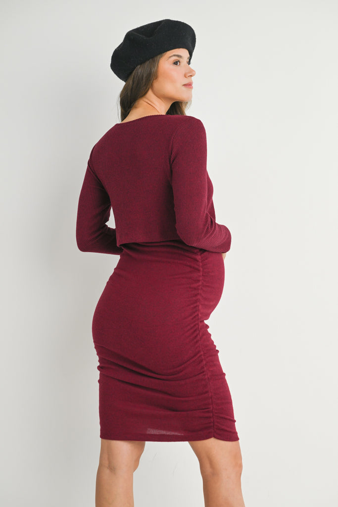 Burgundy Ribbed Double Layer Long Sleeve Side Ruched Maternity Nursing Friendly Dress Back View