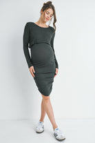 Dark Green Ribbed Double Layer Long Sleeve Side Ruched Maternity Nursing Friendly Dress Full Body