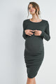 Dark Green Ribbed Double Layer Long Sleeve Side Ruched Maternity Nursing Friendly Dress Front View