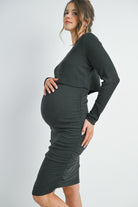 Dark Green Ribbed Double Layer Long Sleeve Side Ruched Maternity Nursing Friendly Dress Side View