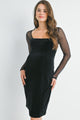 Black Square Neck Mesh Sleeves Maternity Velvet Dress Front View